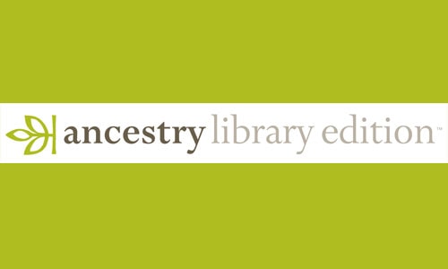 The logo for Ancestry Library Edition features a green leaf icon and the text “ancestry library edition” on a white horizontal bar, set against a light green background.