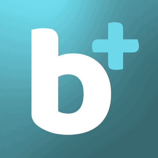 A bold white lowercase letter b with a light blue plus sign above and to the right of it, set against a blue gradient background.