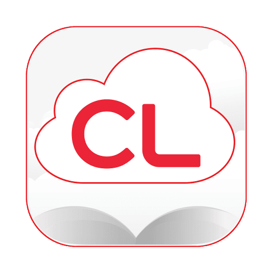 A white app icon with a red outline of a cloud and the red letters CL inside. Below the cloud, a subtle gray open-book graphic is visible. The background is white with faint cloud shapes.
