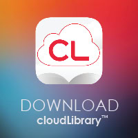 App icon with a white cloud and red CL letters above an open book, on a colorful gradient background. Below, the text reads DOWNLOAD cloudLibrary™.