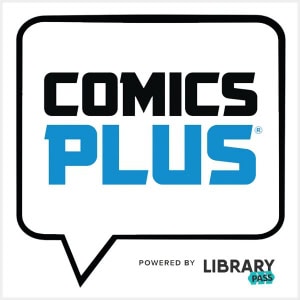 A speech bubble contains the words Comics Plus in bold black and blue letters. Below, it says Powered by Library Pass in smaller text.