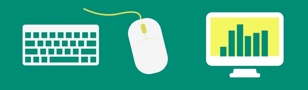 Illustration of a computer keyboard, a mouse with a yellow cord, and a monitor displaying a bar chart on a green background.