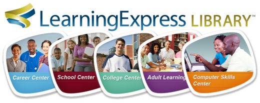 LearningExpress Library logo with images of diverse people above five labeled sections: Career Center, School Center, College Center, Adult Learning Center, and Computer Skills Center.