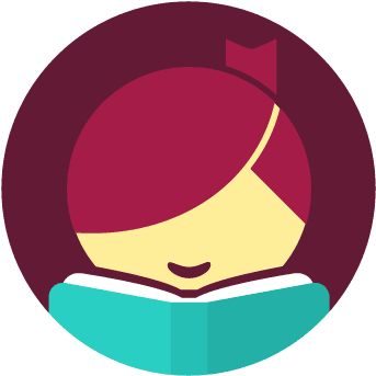 A simple, flat-style illustration of a person with red hair and a bow, smiling while reading an open book, set against a maroon circular background.