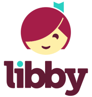 Logo for the Libby app featuring a stylized cartoon face with pink hair, a teal bookmark, and the word libby in bold lowercase letters below.