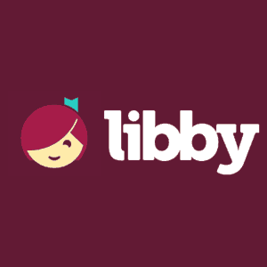 Libby app logo featuring a stylized girls face with red hair and a teal bookmark in her hair, next to the word libby in bold white letters on a maroon background.