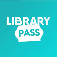 White text on a teal background reads LIBRARY PASS, with PASS inside a ticket-shaped graphic.