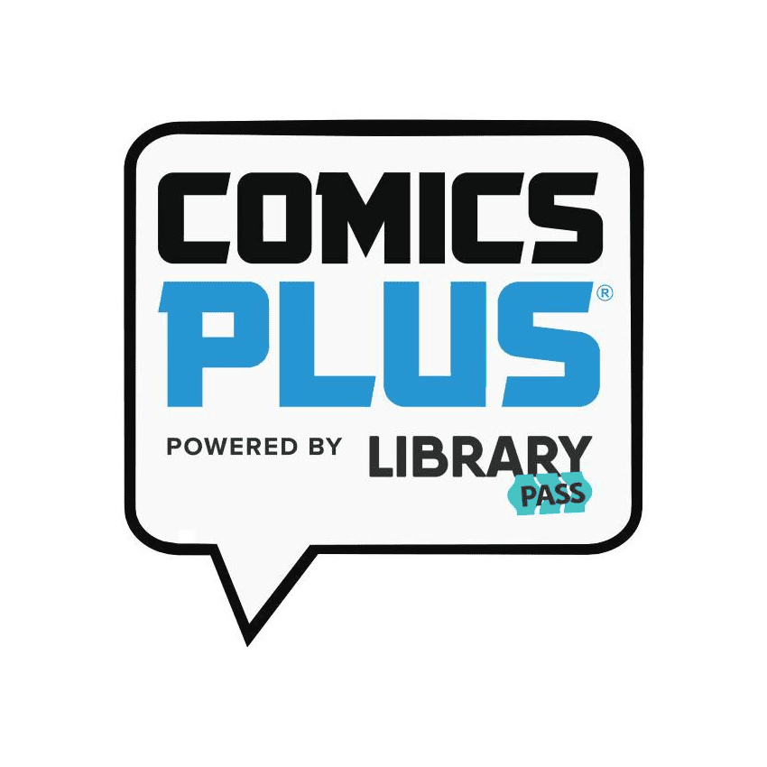 Logo with a speech bubble containing the words “Comics Plus powered by LibraryPass” on a white background with a green border.