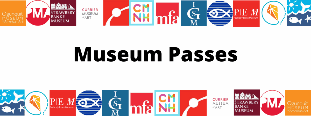 Colorful logos of various museums border a white background with bold black text in the center that reads Museum Passes.