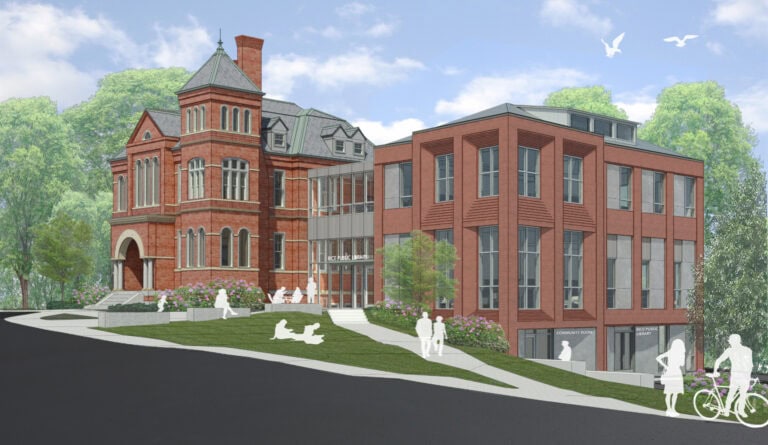 Architectural rendering of a brick building combining a historic structure with a modern addition, surrounded by greenery, with people walking, biking, and sitting on the grass under a blue sky.