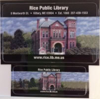 A sign for Rice Public Library features an image of a historic red-brick building with arched windows and a tower. The address and website are included: 8 Wentworth St, Kittery, ME, and www.rice.lib.me.us.
