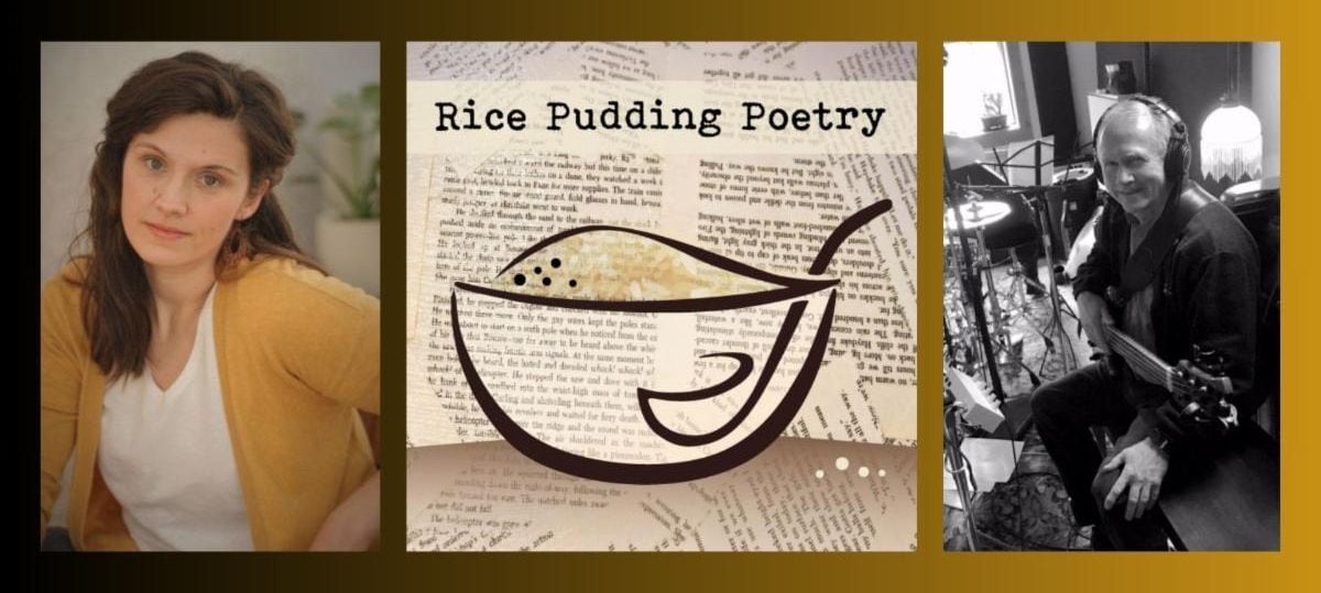 A woman in a yellow sweater, the words Rice Pudding Poetry over a bowl graphic with text background, and a man with headphones holding a guitar in a recording studio.