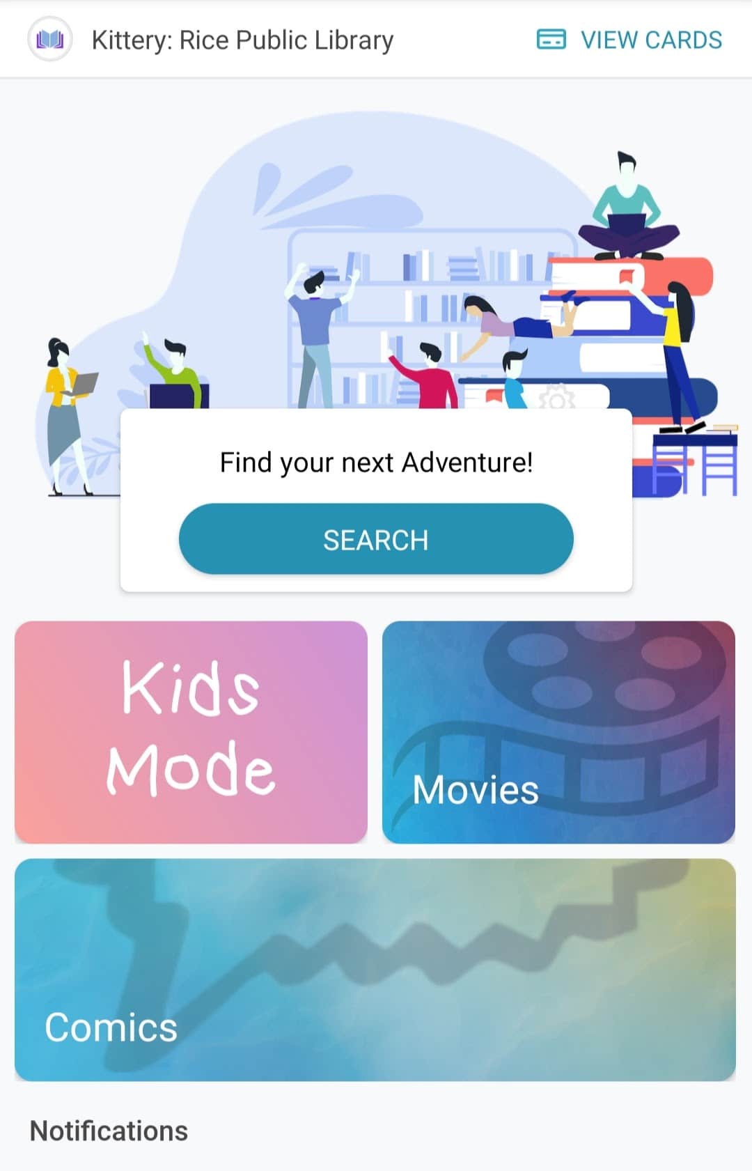 A library app home screen shows people browsing books, a Find your next Adventure! search button, and sections for Kids Mode, Movies, Comics, and Notifications. The background features bookshelves and large book stacks.