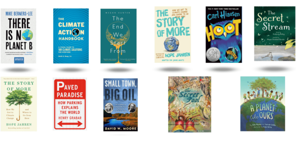 Ten book covers are displayed in two rows, all related to climate change and the environment. Titles include There Is No Planet B, The Climate Action Handbook, The Secret Stream, and A Planet of Ours.